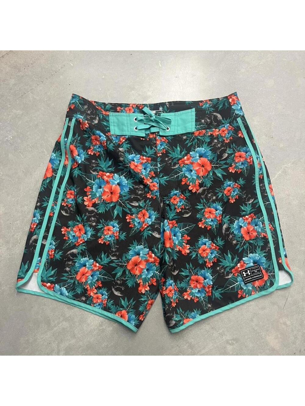 2000s Under Armour Floral Board Shorts Men’s M Tropical Surf Swim Trunks Teal